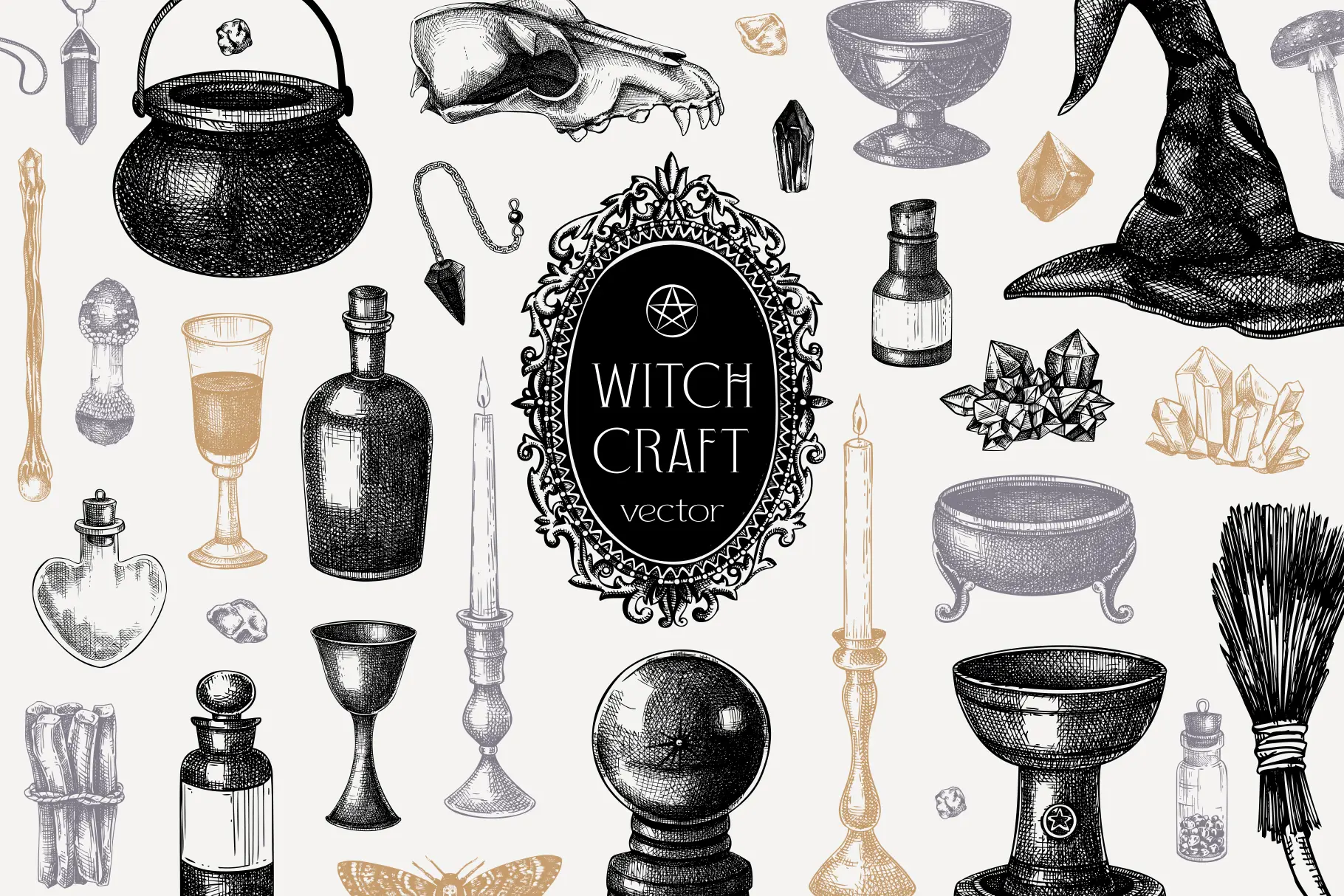 Witchcraft Sjketches Clipart. Halloween Vector Designs Illustration